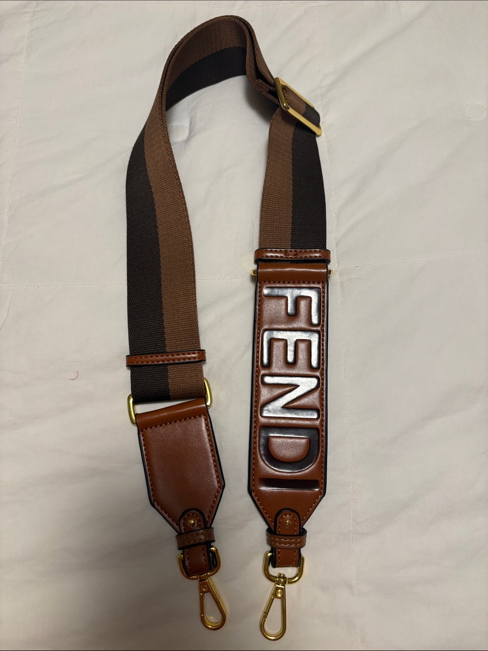 Fendi Brown Leather & Two-Tone Brown Webbing Shoulder Strap with Gold Hardware